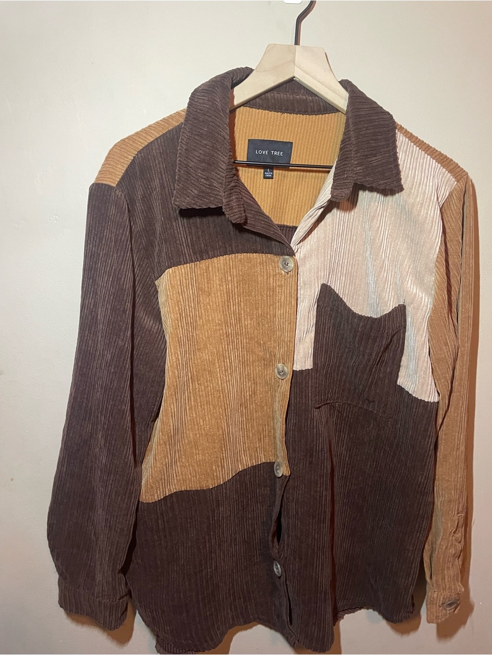 Love Tree Colorblock Corduroy Button-Up Shirt/Cardigan - Brown & Tan size Large